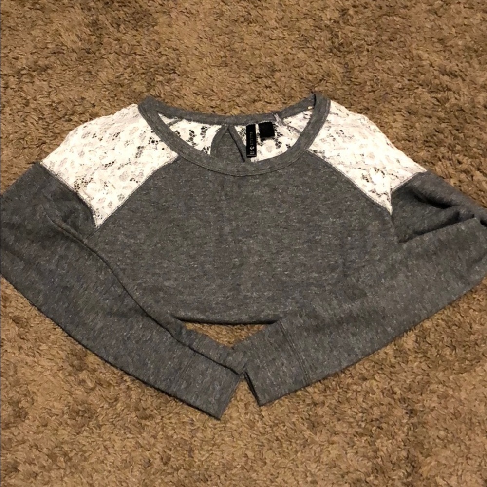 Gray Sweater Lace Shoulder Detail